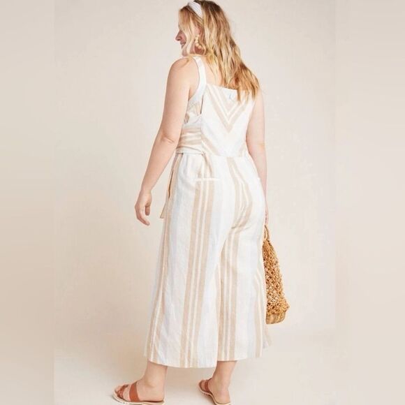 Anthropologie savannah striped jumpsuit beige linen blend - Picture 3 of 7